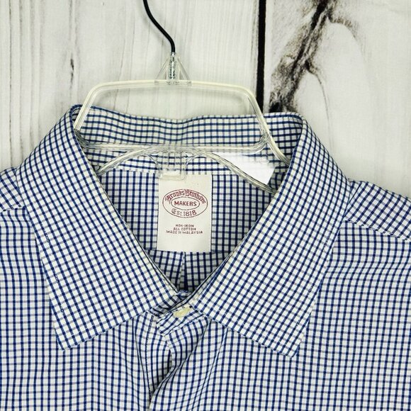 Brooks Brothers Makers Oxford Button Up Shirt Sz L Blue White Check French Cuff - Picture 5 of 8
